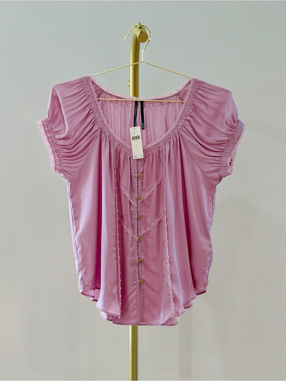 Anthropologie Lavender Lace-Trim Button Blouse